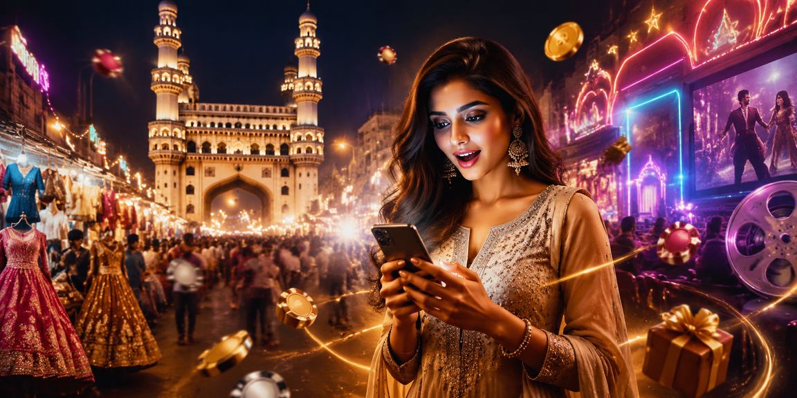 Hyderabad city view with Charminar digitally themed casino app overlay