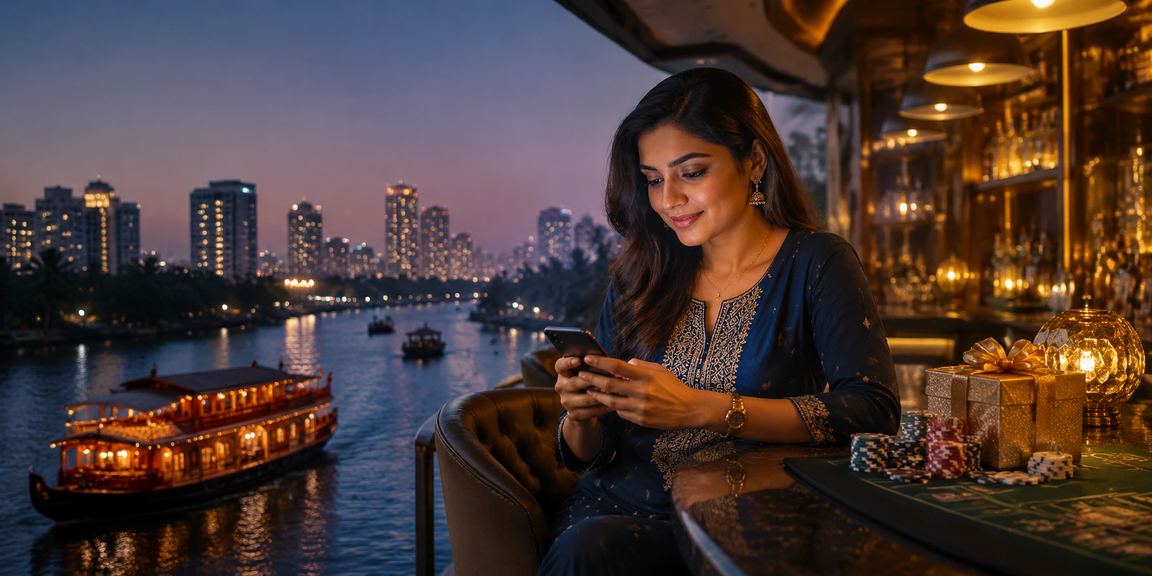 Kerala player enjoying mobile rummy game by backwaters